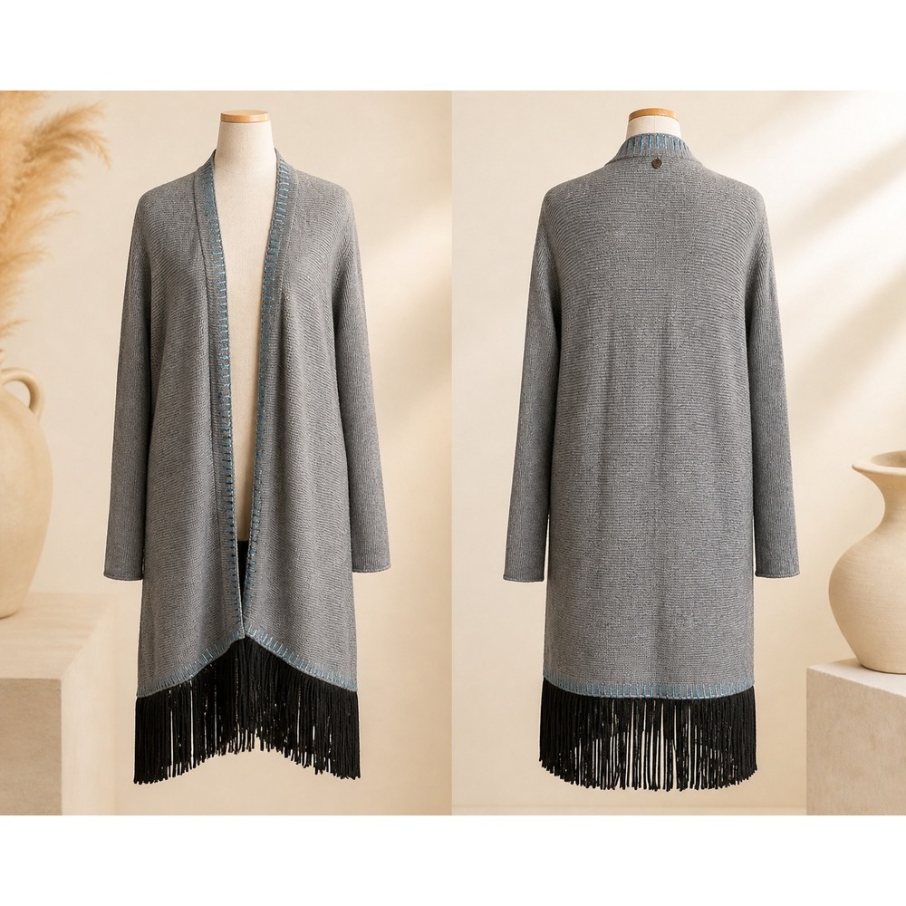 Soft Surroundings Gray Fringe Long Cardigan L‎ Wool Angora Cashmere Blend
